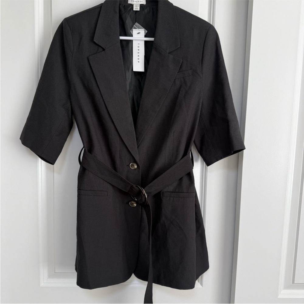 Topshop Blazer Black Belted Short Sleeves Office Business Casual